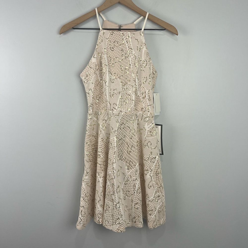 Junior’s City Studio Gold Accent Sequin Dress with Nude/Whi Cut Out 1 NWT